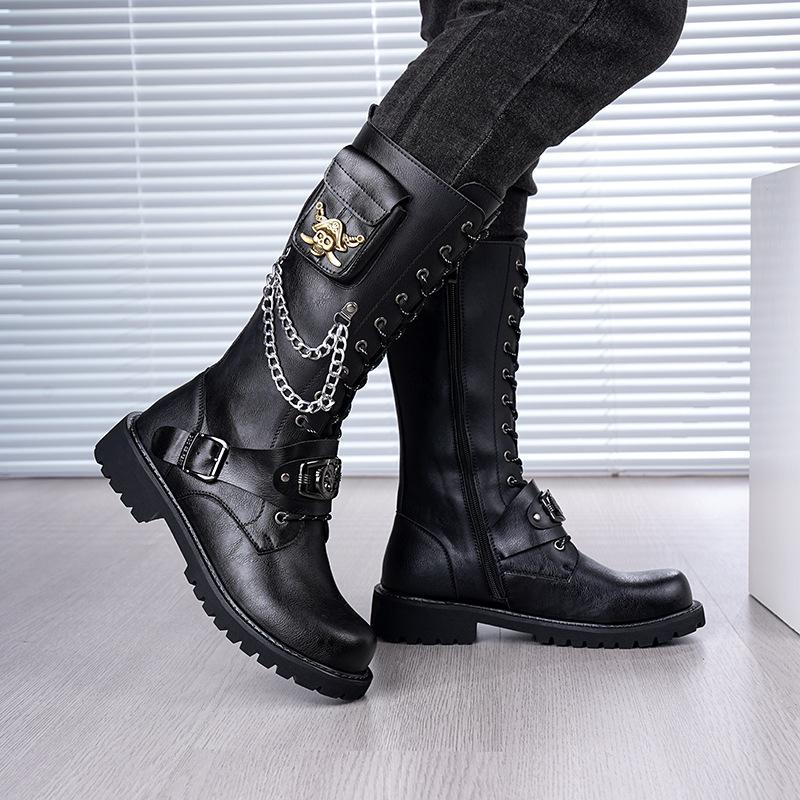 2025 Rock Boots Tall Men's Leather Boots Skull Chain Lace-up Cowboy Boots Thick Sole Trend Stage Martin Boots