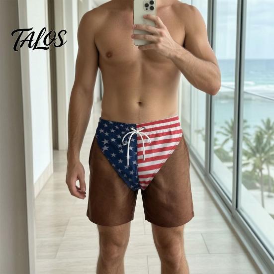 Mens Elastic Waist Swimsuit Funny Patriotic Men Shorts, American Stars And Stripes Swim Trunks, Quick Dry Board Shorts Drawstring for Summer