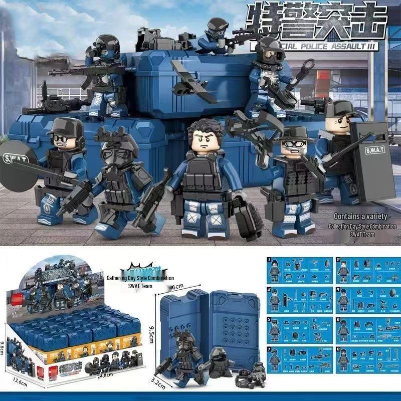 SWAT Assault Team Minifigure Set: Military Building Blocks Compatible with LEGO - Includes Soldiers, Weapons, and Sand Table for Kids.