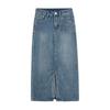 Summer Women High-waist Retro A- Line Skirt Pockets Front Slit Washed Blue Denim Skirts Hip-covering Straight Long Jeans Skirt