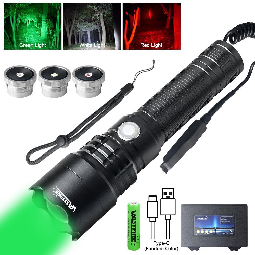 3in1 Tactical Flashlight Green/Red/White Rechargeable Zoom Hunting Flashlight Torch Professional Shooting Night Scout Light Set