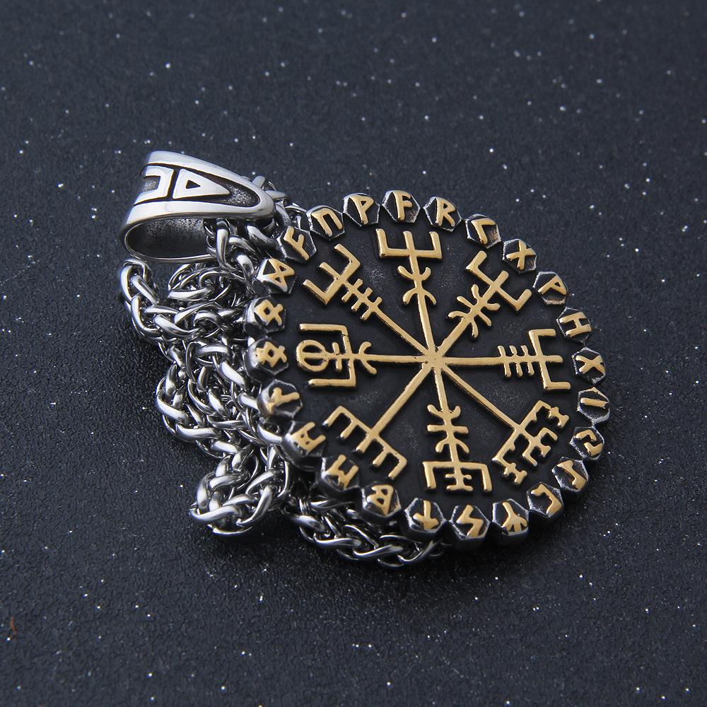 Viking Vegvisir Compass Pendant Necklace Norse Runes Nordic Amulet Stainless Steel Two Tone Medieval Talisman for Men