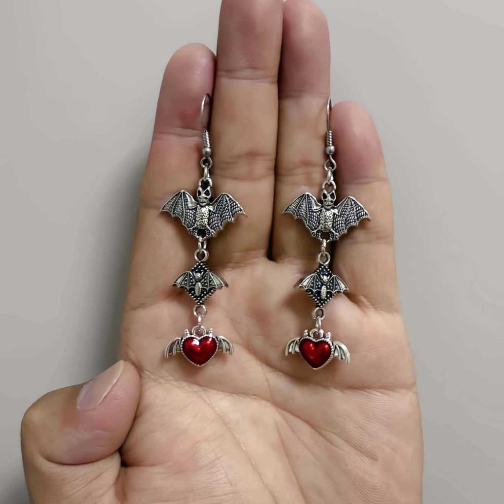 Gothic Bat Earrings, Punk Style, Red & Black Heart Dangle Earrings, Unique Statement Earrings