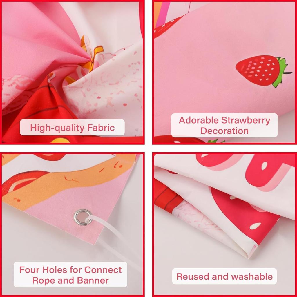 Strawberry Shortcake Happy Birthday Decorations Banner, Strawberry Themed Birthday Party Decoration Backdrop, Berry First Birthday Background Party