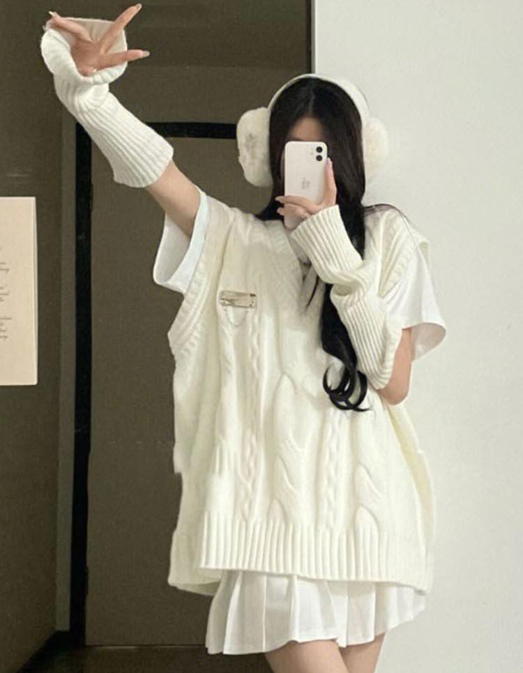 Pulover tricotat alb în stil preppy, vestă pentru femei Harajuku, cu decolteu în V, pulover fără mâneci, dulce, lejer, ocazional, topuri toate meciurile Y2K