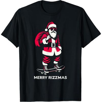 Merry Rizzmas Santa Skating Graphic Tee Funny Christmas Gift Crewneck T-Shirt for Men