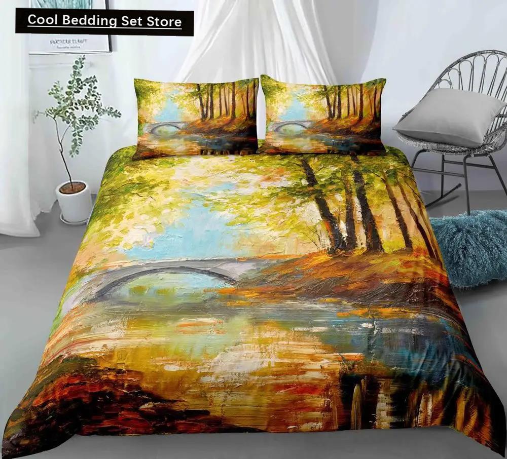 Comforter Oil Painting Landscape King Queen Natural Scenery Bedding Set Teen Adult Floral Ocean Building Polyester