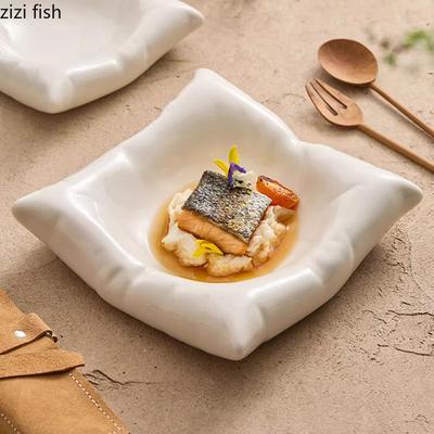 Reine weiße Keramik quadratische Kissenplatte Kreativer Dessertteller Dim Sum Teller Salatteller Molekularküche Spezialgeschirr
