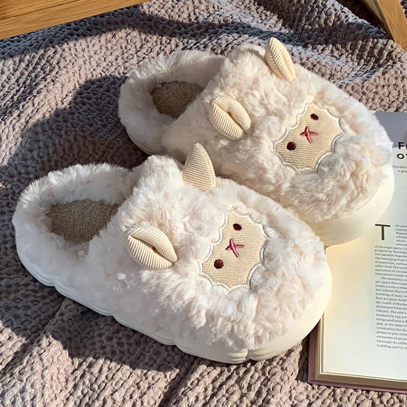 Women's Warm Winter Sheep Slippers - Non-Slip, Fleece-Lined, Thick Sole, and Cotton Comfort.