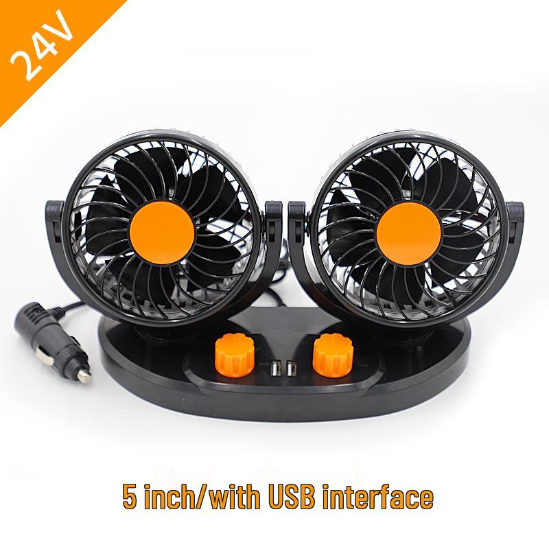 Silent Dual-Head Car Fan 12V/24V USB - Powerful Summer Cooling for Trucks