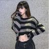 Gothic Ladies Sweater Crew Neck Long Sleeve Striped Cropped Knit Sweater Y2K Sexy Top Off-the-shoulder Zipper Design New Fashion