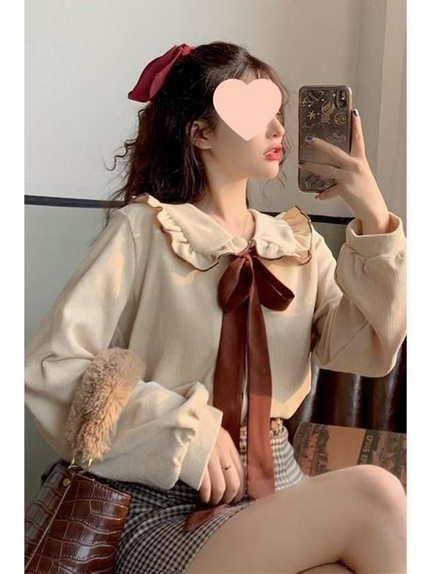 Women's 2025 Corduroy French Retro Doll Collar Top, Spring/Autumn, Hong Kong Style Long Sleeve Shirt
