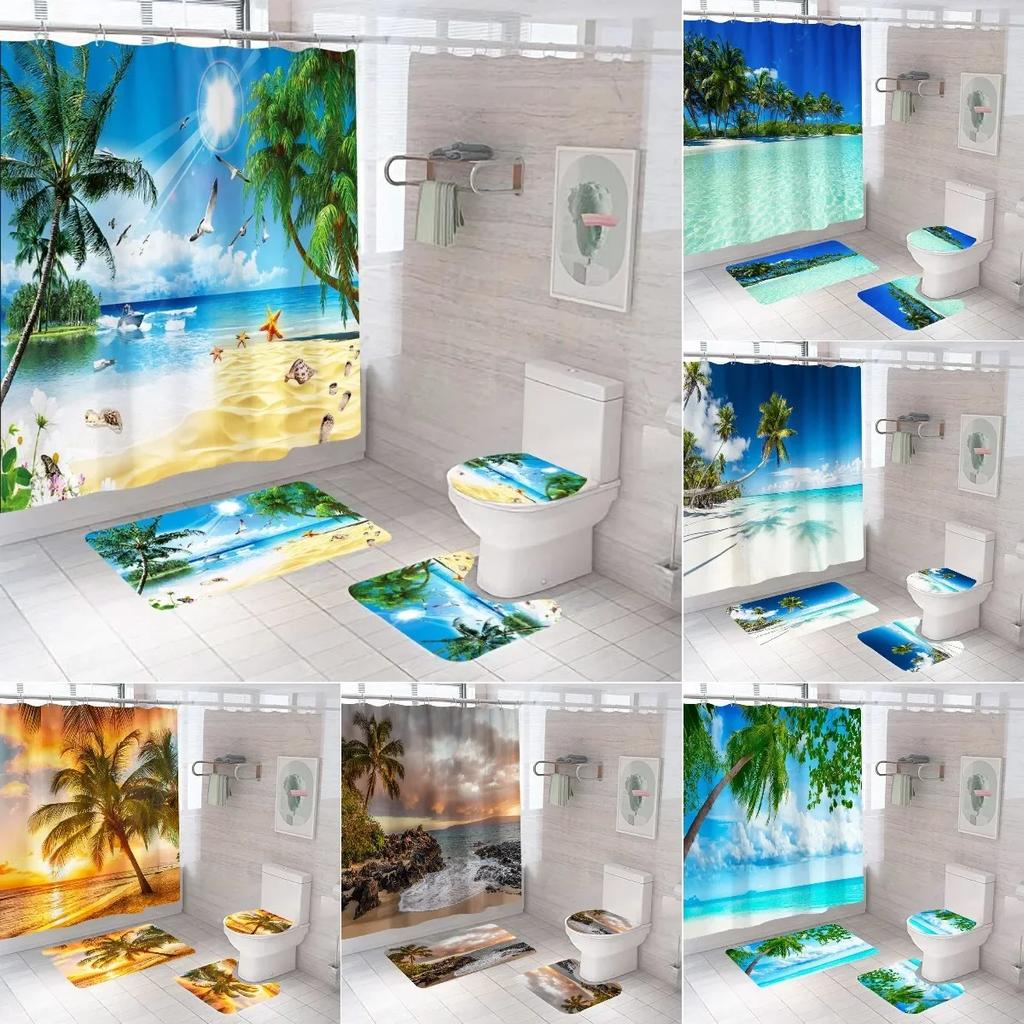 3D Seascape Beach Theme Shower Curtain Sets Toilet Cover Bath Mat Carpet Rugs Bathroom Drapes Shower Curtain Set With Hooks