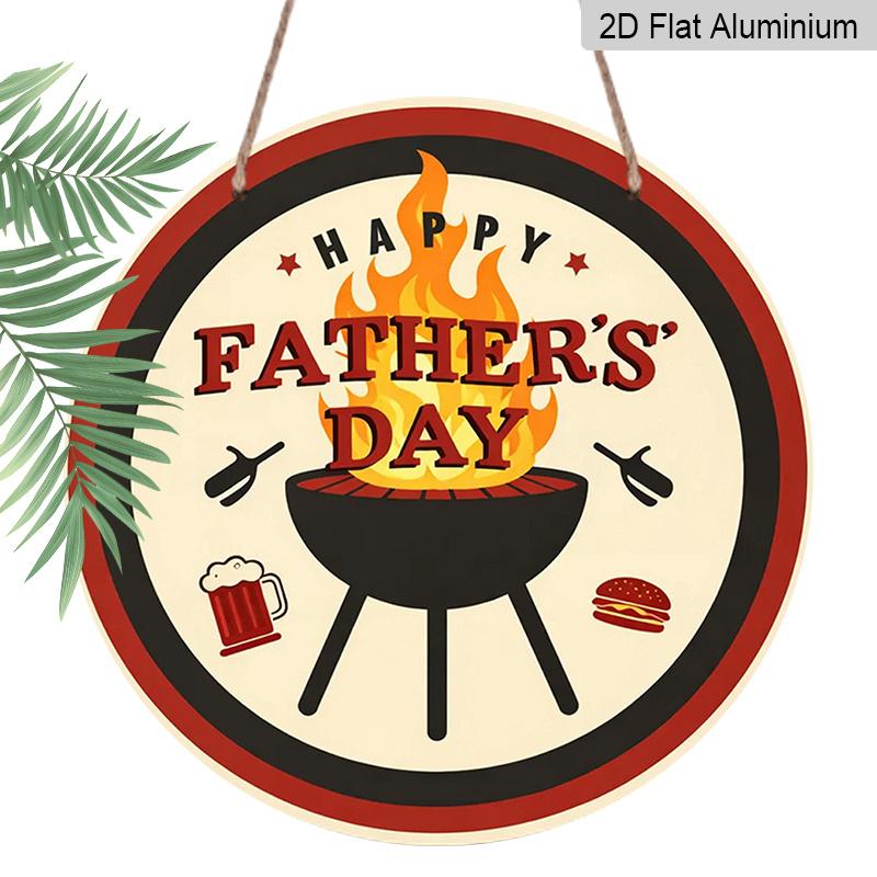2D Flat, 1pc Round Aluminum Hanging Sign - Happy Father s Day BBQ Grill Metal Wall Art, Father s Day Themed Decor Sign, Retro Beer & Burger Design 7.87x7.87inch