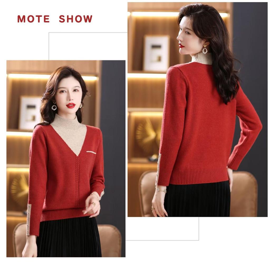 YOTORISAKI Knit Long High High Winter Size Women's Sweater, Sleeve, Neck, Stretch, Soft, Casual, Spring, Autumn, (Red, M)