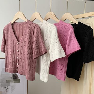 Sommer Neu Koreanische Version Schicker Stil V-Ausschnitt Kurzarm Durchbrochene Strickjacke Damenstil Kurzes Oberteil