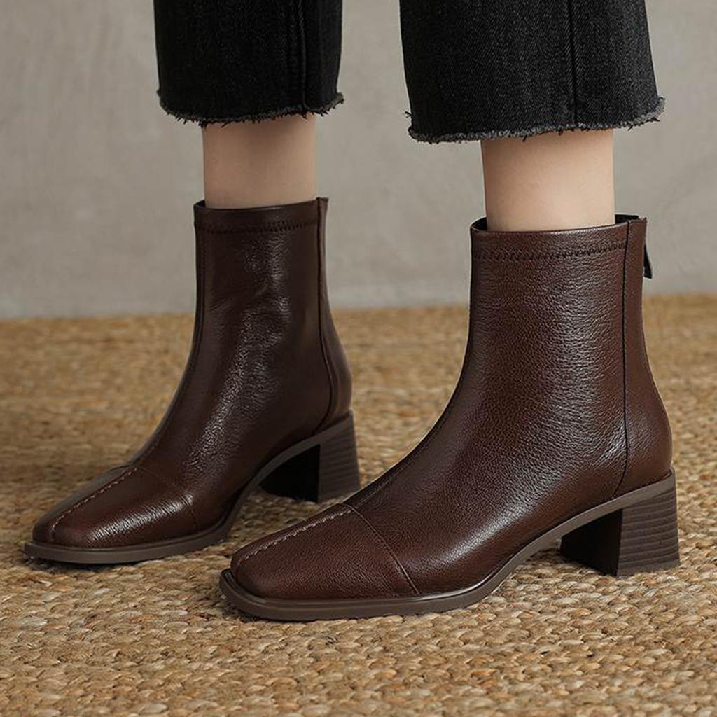 Krazing Pot Sheepskin Autumn Winter Shoes Thick Heels Size 42 Square Toe Zipper Vintage Ankle Boots