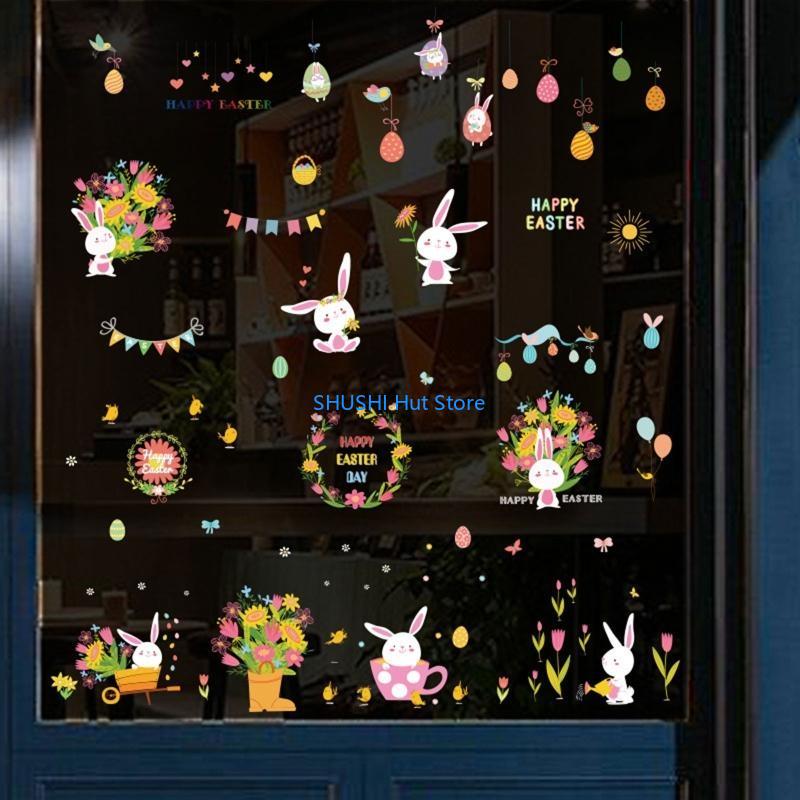 Набор из 9 двусторонних статических ПВХ наклеек  Пасхальный кролик и яйца  для дома, фестиваля, вечеринки, окна, стены, двери D57B China Mainland