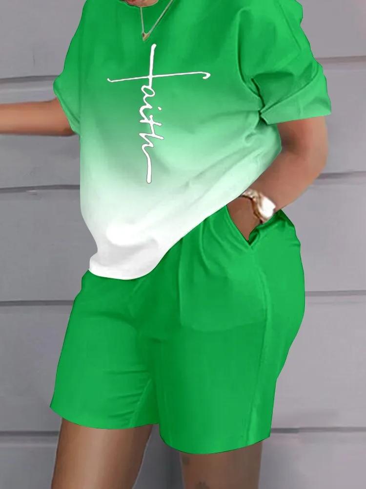 Casual Top & Shorts Set Sets Casual Short Sleeve Tshirt Outfit Women Summer Gradient 3D Print Pocket Short Sets Suit Female T Shirt Shorts
