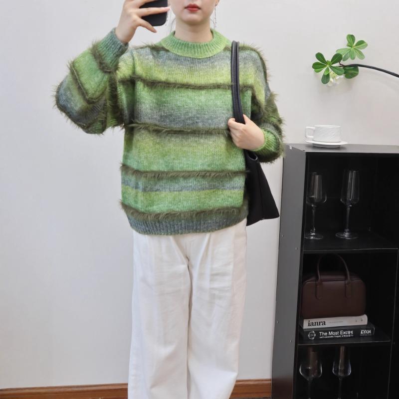 Gradual Change Color Splicing Imitation Mink Velvet Knitted Sweater Top Autumn and Winter New Loose Gentle Wind Sweater Pullover Women