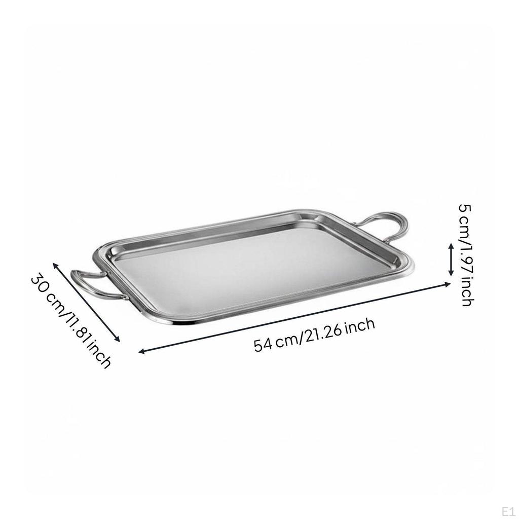 Stainless Steel Serving Tray European Design Rectangular Handled Multipurpose Silver Metal