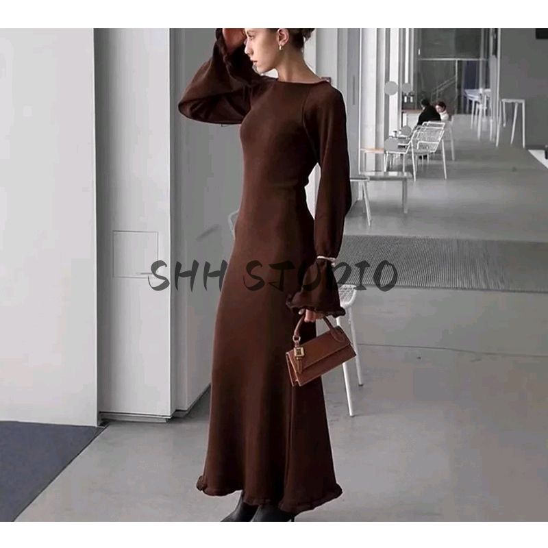 Spring New Women's Clothing French Style Casual round Neck Long Sleeves High Waist A- line Knitting Mid Length Long Length Mini Dress