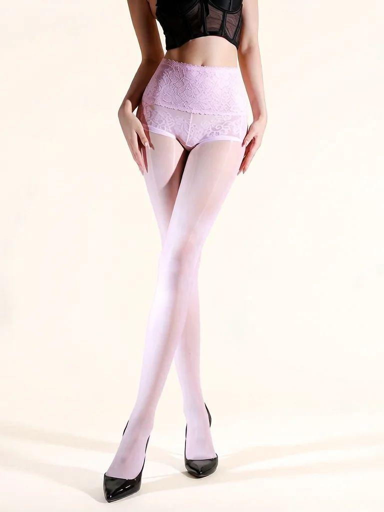 8D High Waist Panties Patchwork Stocking 2 In 1 Pantyhose Oil Shiny Elastic Shaping Lace Sheer See Through Tights Women Lingerie