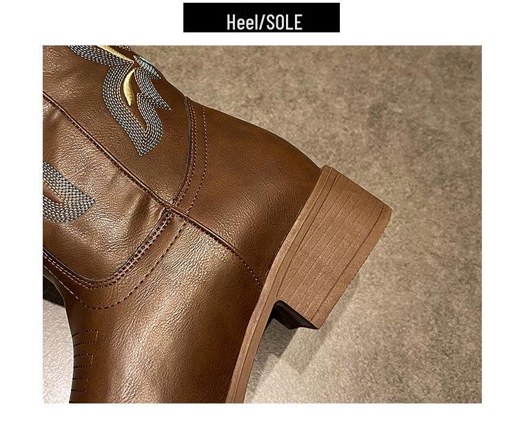 He Sui Style Versatile Western Cowboy Boots: Summer Chunky Heel, Embroidered, Pull-On Mid-Calf with Square Toe, Riding Boots In Plus Size.