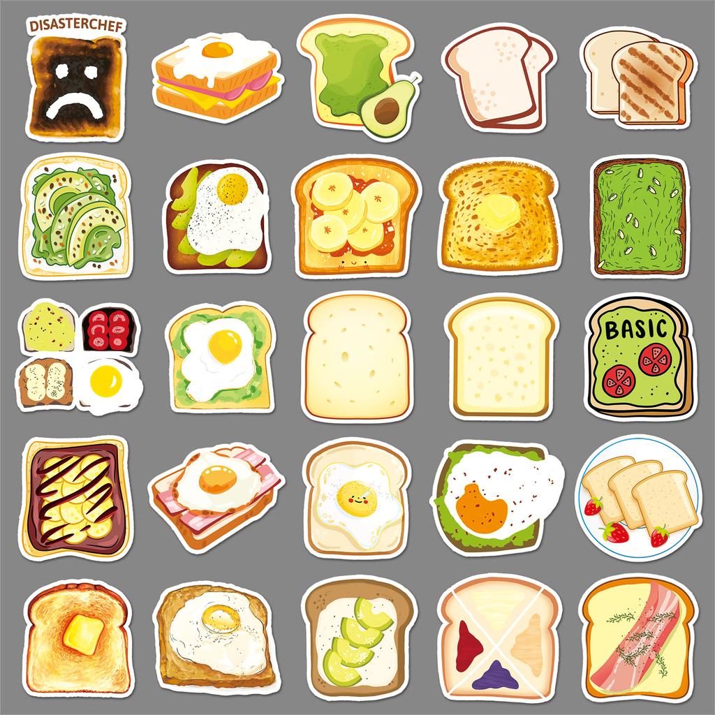 50 Toast Doodle Persönlichkeit Cartoon Essen Kinder DIY Skateboard Handyhülle Koffer Aufkleber Wasserdicht