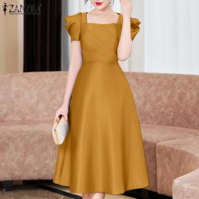 ZANZEA Women Casual Square Collar Summer Short Sleeve A-Line Dress