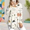 Women Plus Size Keyhole Ring Neck Long Sleeve Geometric Printed Flared Hem T Shirt