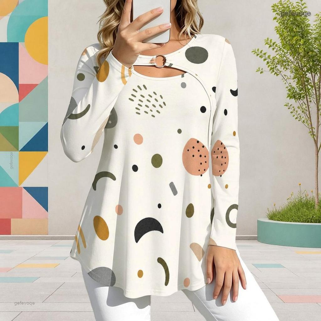 Women Plus Size Keyhole Ring Neck Long Sleeve Geometric Printed Flared Hem T Shirt