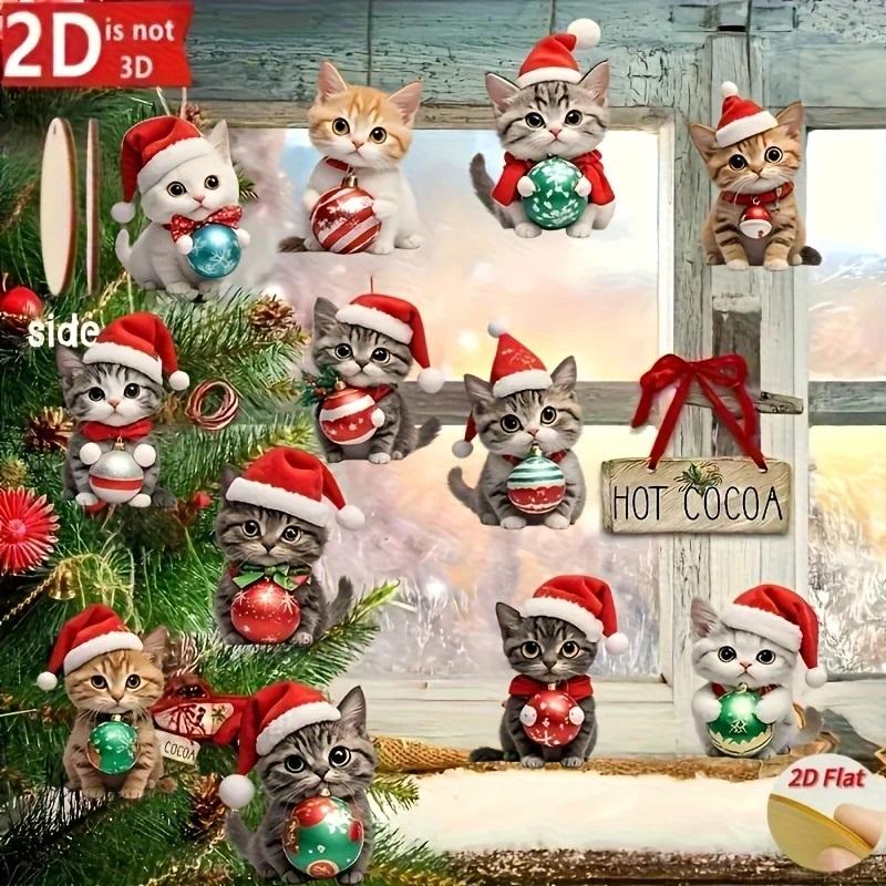 12pcs Christmas Cat Tree Decorations - 2D Plane Wooden Festivals and Party Decorations Elegant Wooden Plaques Holiday Home Decor