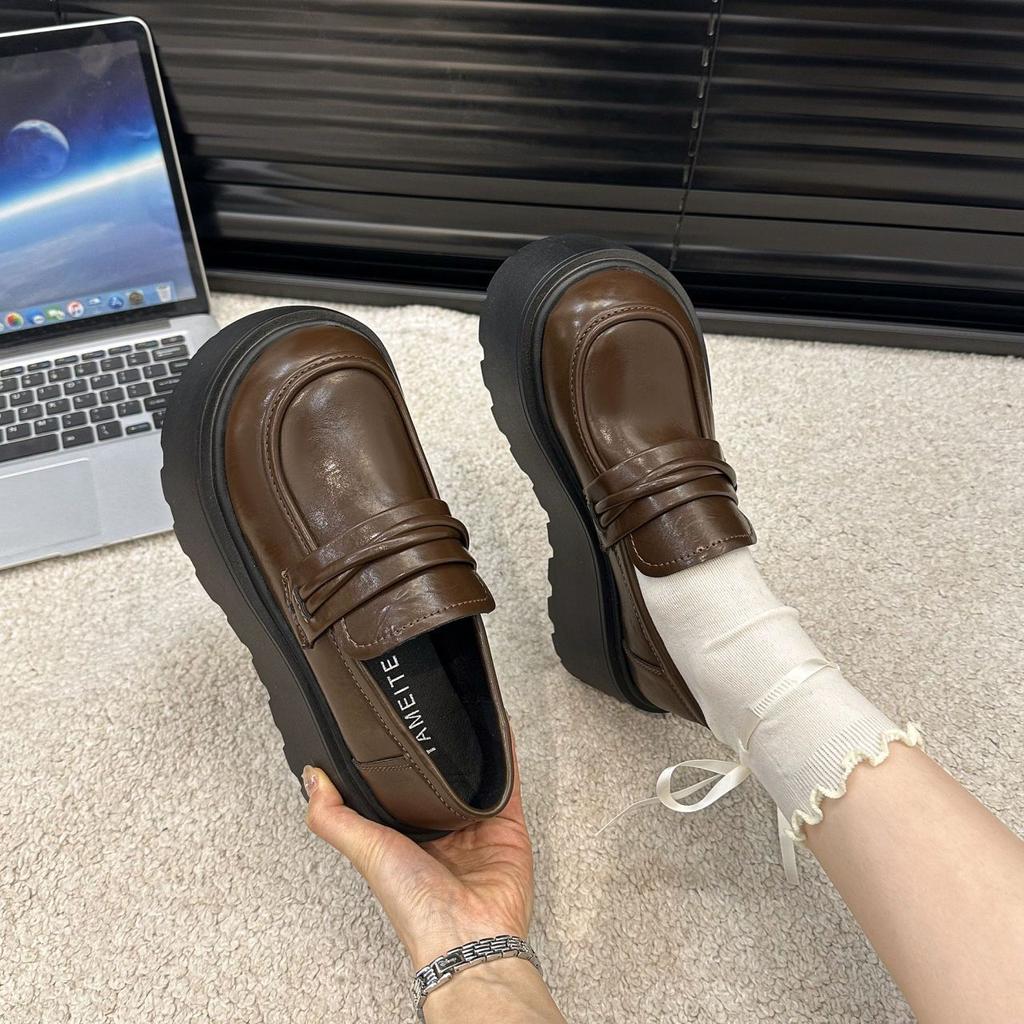 Versatile British Brown Retro Small Leather Shoes Platform Heightening Loafers Women's 2025 Autumn and Winter New Models