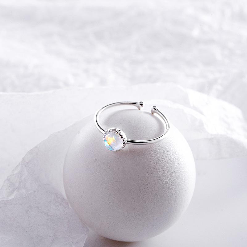 Banyan Tree S925 Silver Adjustable Moonstone Ring for Women – Colorful, Minimalist Design with Thin Round Beads