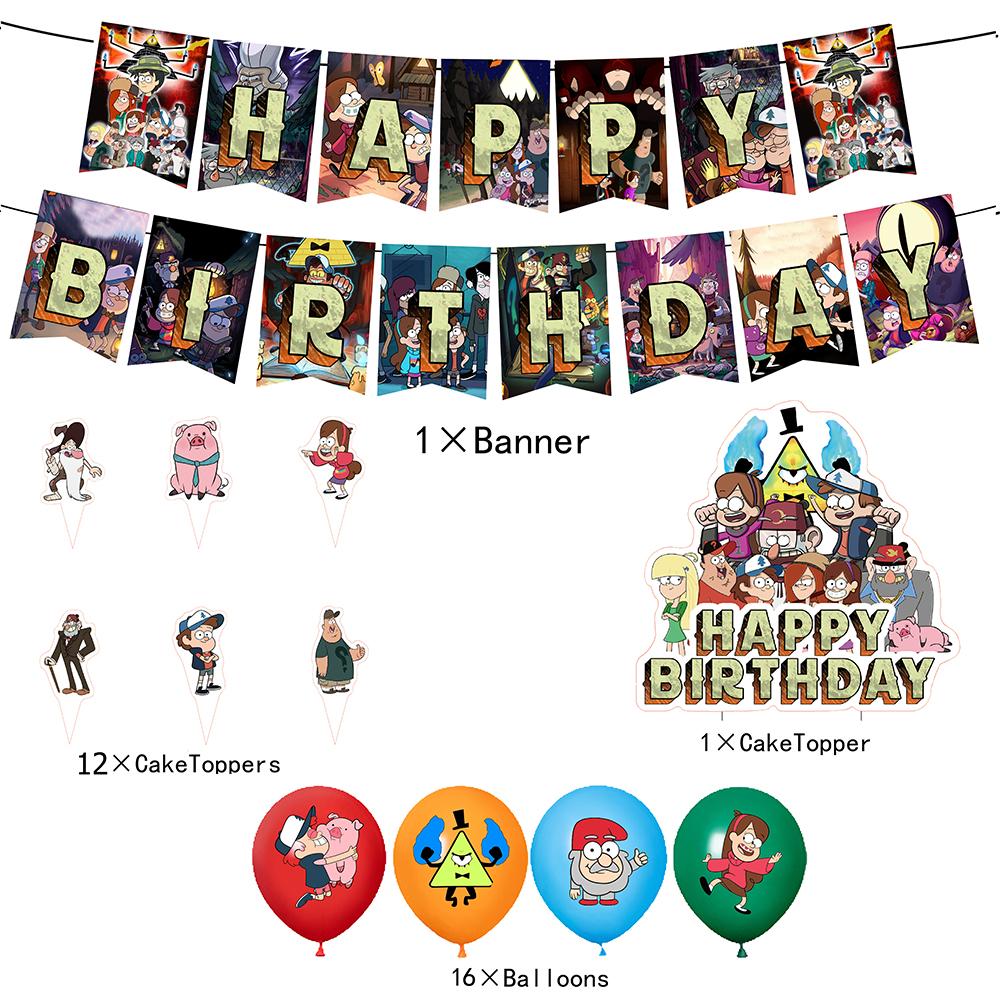G&Gravity F-Falls Theme Birthday Party Decoration Cartoon Backdrop Banner Cake Topper Number Balloon Baby Shower Party Supplies