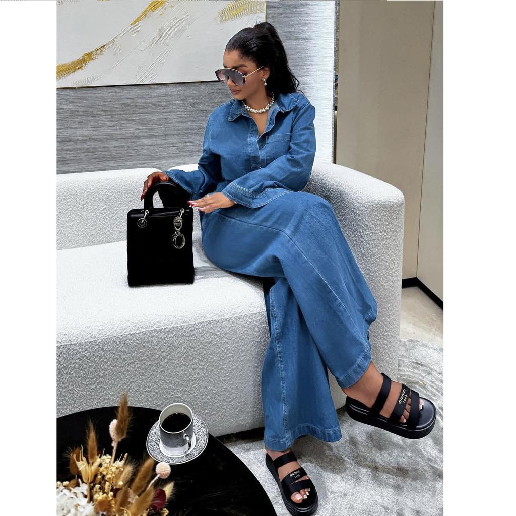 Women's Denim Suit Long Sleeved Lapel Pocket Top with Tie Up Straight Leg Pants Two-piece Set