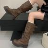 Eilyken Narrow Band Belt Buckle Women Knee-High Boots Vintage Round Toe Square Low Heels Autumn Winter Shoes