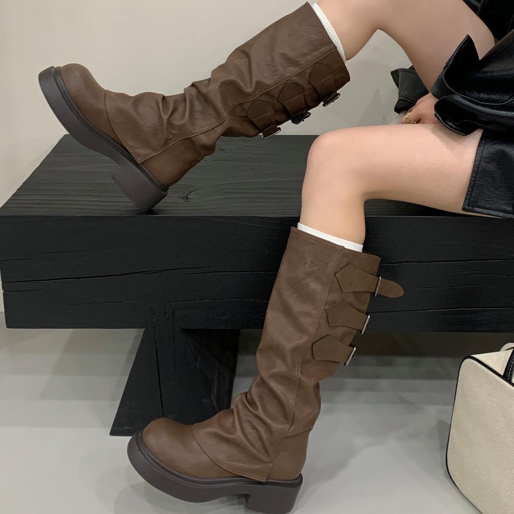 Eilyken Narrow Band Belt Buckle Women Knee-High Boots Vintage Round Toe Square Low Heels Autumn Winter Shoes
