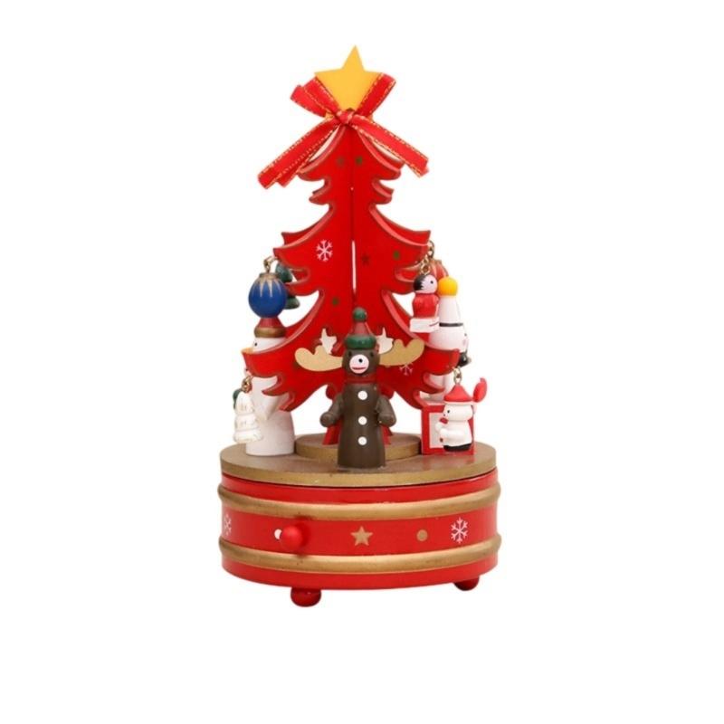 Natural Wood Christmas Tree Rotating Musical Decoration with Figurines Ornaments Holiday Party Centerpieces Music Box