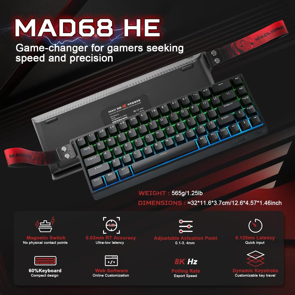 YUNZII x MADLIONS MAD68 HE Wired Mechanical Gaming Keyboard with Magnetic Hall Adjustable Actuation PBT 8K Hz Polling Rate Switches, 60% Layout,