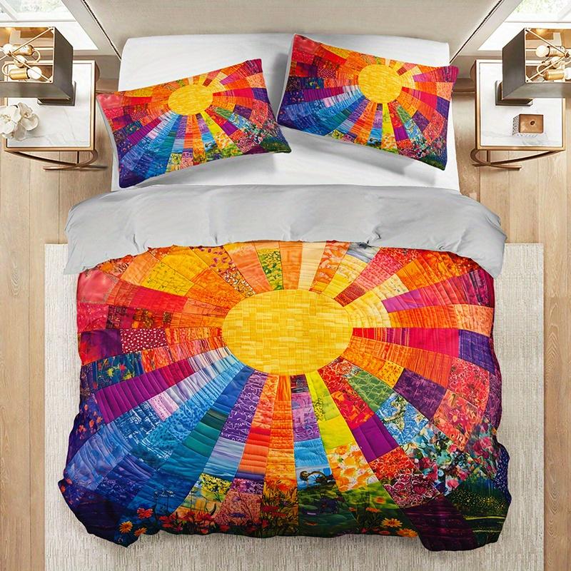 Champ de fleurs au lever du soleil arc-en-ciel Doux avec tissu doux Ensemble de housse de couette 1 Housse de couette douce + 2 taies d'oreiller Quatre saisons Maison Dortoir Impression haute définition