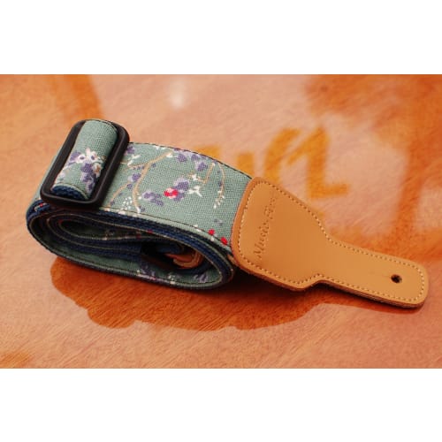 MUSIC FIRST Original Design Vintage Style "Plum Blossom" Soft Cotton and Leather Guitar Strap, Banjo Strap
