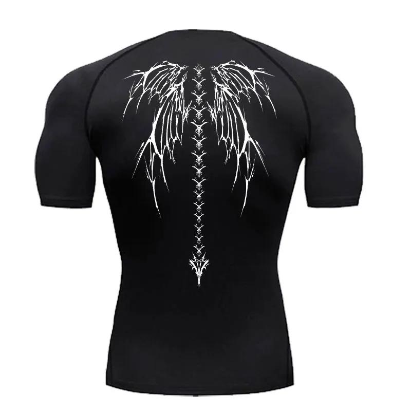 Herren Gym Kleidung Skelett Flügel Trainings Kompressionsshirts Kurzarm Rash Guard Athletisches Unterhemd Ausrüstung T-Shirt für Sport