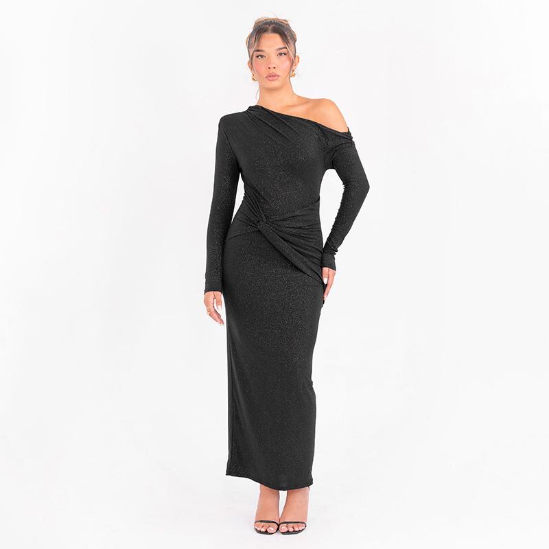 Chic European & American Off-Shoulder Pleated Long-Sleeve Maxi Dress