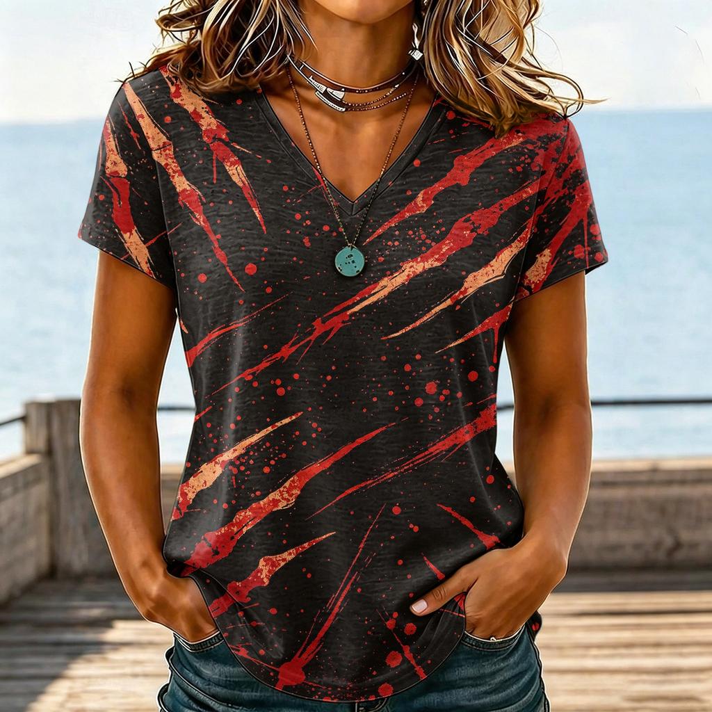 Damen Casual V-Ausschnitt Halloween Aufdruck T-Shirt für Party Kostüm