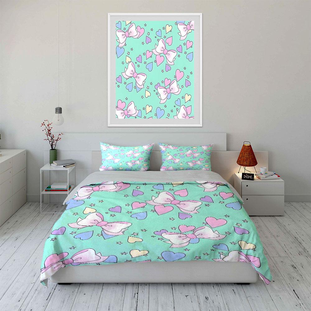 Set con Motivo Pastello di Fiocchi e Cuori Decorazione per Camera da Letto di Bambini e Adulti, Squisito Set Copripiumino a Tre Pezzi Regalo