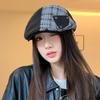 British Retro Plaid Splicing Front Hat Autumn and Winter Face Showing Small Windproof Newspaper Beret Korean Style Fashion Versatile Beret