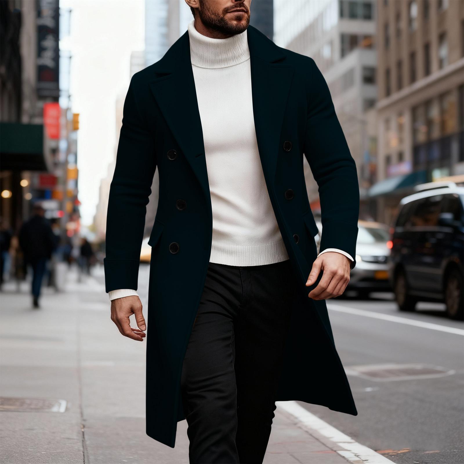 

Чоловічий тренч з лацканами з вирізом, двобортний бушлат, повсякденне довге пальто з вовняної суміші XXL темно-зелений колір