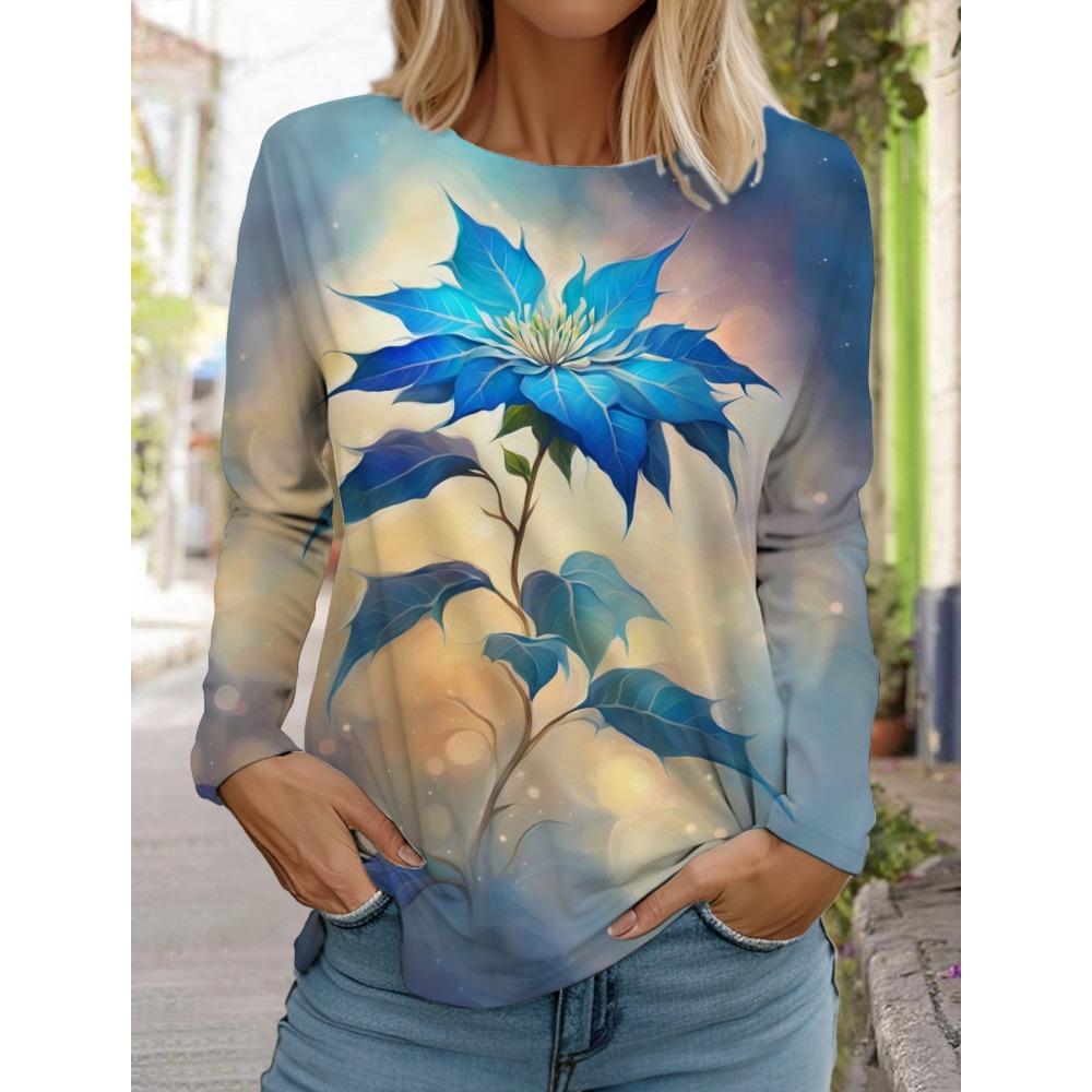 Women's 3D printed flower T-shirt, fashionable long sleeved round neck regular top, holiday weekend blue spring and autumn outfit
